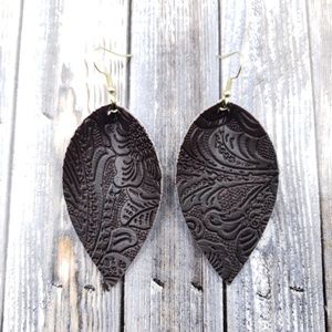 Dark Brown Tooled Design Faux Leather Earrings!